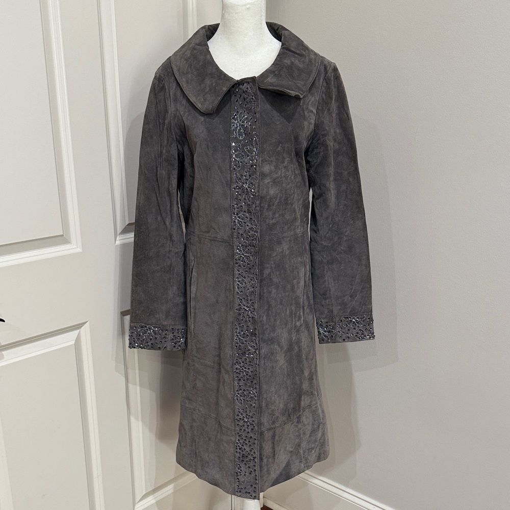 Emilie D  Leather Charcoal Trench Coat with Lace Accents and Embroidery  Size 10